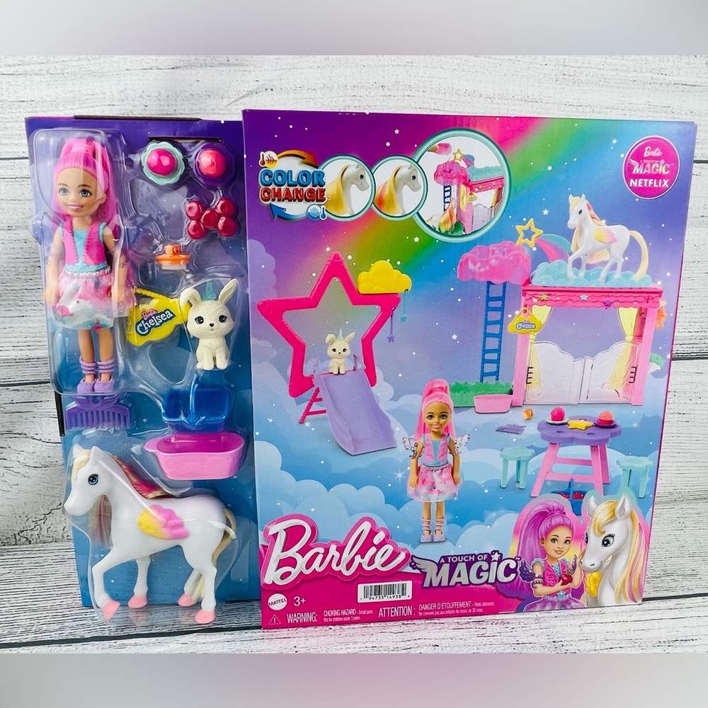 Barbie Chelsea A Touch Of Magic Set W/ Doll Color Change Unicorn & Accessories